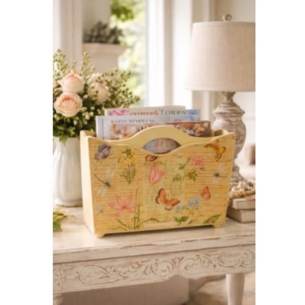Signed Vintage Off 5th Yellow Floral Butterfly Country Wood Magazine Holder 15”H